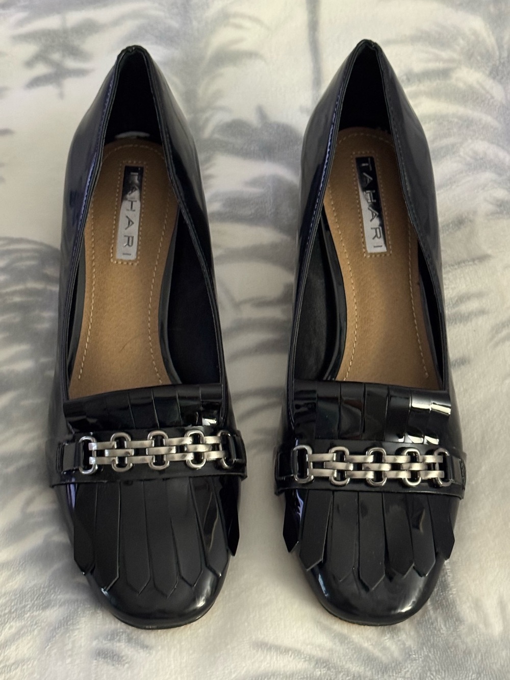 Tahari Black Patent Block-Heel Loafers with Fringe and Silver Chain